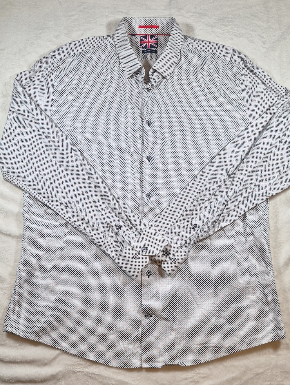 Men's Printed White Dress Shirt with Navy Dot Pattern